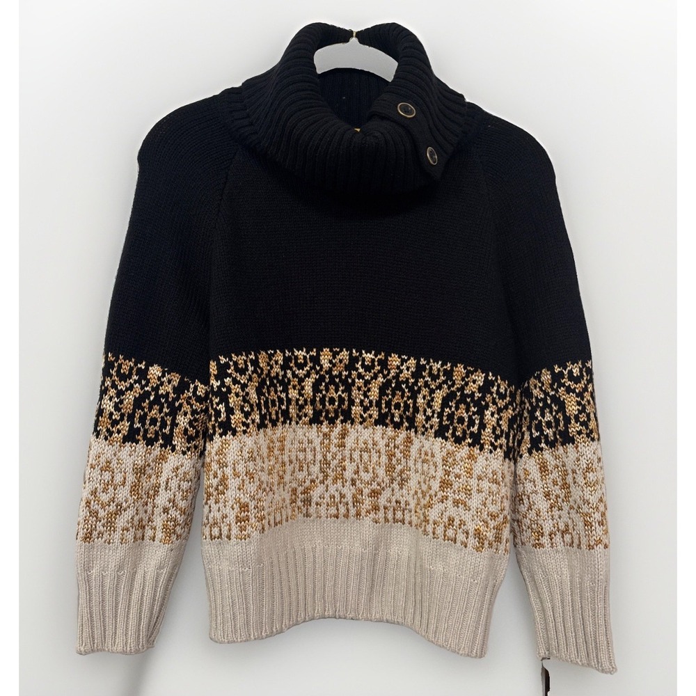 St. John Side-Button Turtleneck Black Ivory Gold Sweater Wool Blend S Fair Isle